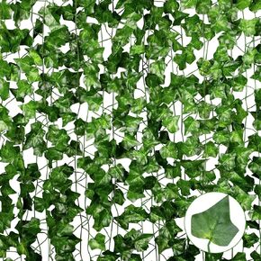 YJFWAL 15 Pack113 FT Artificial Green Ivy Leaf Vines, Fake Vines Greenery Hanging Plant Vine Leaves with Nylon Ties for Bedroom Wall Wedding Party Trellis Fence Pergola Balcony Event Aesthetic Decor