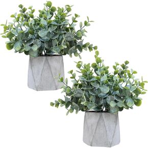 Winlyn Set of 2 Small Potted Plants Artificial Eucalyptus Plant in Black Geometric Ceramic Pots Faux Potted Greenery 7.1" Tall for Desktop Modern Home Office Living Room Kitchen Table Decorations