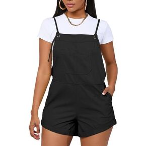 Women's Casual Short Overalls Denim Bib Shortalls Rompers Adjustable Straps Cuffed Hem Jumpsuit With Pockets