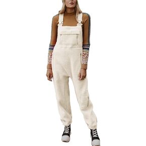 TBETNE Women's Fleece Overalls Winter Warm Loose Casual Jumpsuits with Multiple Pockets Elastic Harness