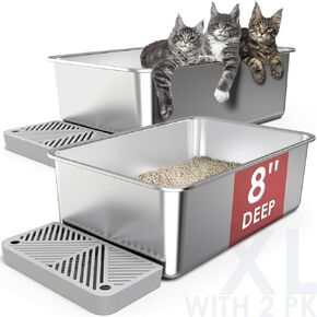 2 Pack 8" Extra Deep & Large Stainless Steel Litter Box for Cat with 49L Big Capacity, Non-Stick Odorless Metal Litter Box, XL Stainless Steel Pan with Footboard, Cat Litter Box Litter Tray