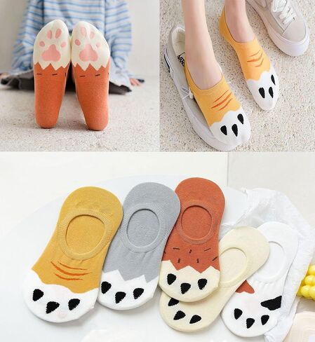 IHAUIUE Cat Paw No Show Socks Cute Animal Print Ankle Socks Non Slip Low Cut Socks for Women, Ladies, Girls, 5 Pack in Kuwait