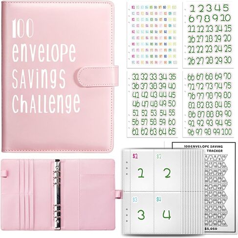 Pink 100 Envelope Challenge Binder,A5 Savings Challenges Book with 25Pcs Four Grid Envelopes,100 Days Stickers,1-100 Money Number Stickers,Effective Way to Save $5,050 in Saudi Arabia