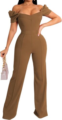 PaladMom Womens Elegant Plus Size Jumpsuits Sexy Back zipper Short Sleeve Mid Waist Wide Leg Straight Rompers in Saudi Arabia