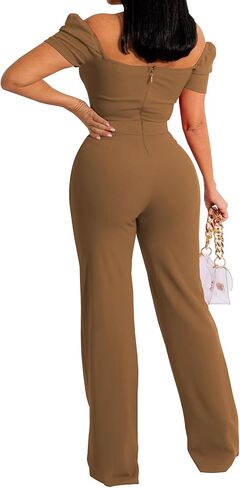 PaladMom Womens Elegant Plus Size Jumpsuits Sexy Back zipper Short Sleeve Mid Waist Wide Leg Straight Rompers in Saudi Arabia