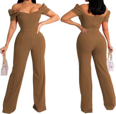 PaladMom Womens Elegant Plus Size Jumpsuits Sexy Back zipper Short Sleeve Mid Waist Wide Leg Straight Rompers in Saudi Arabia