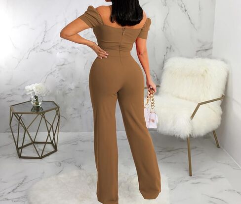 PaladMom Womens Elegant Plus Size Jumpsuits Sexy Back zipper Short Sleeve Mid Waist Wide Leg Straight Rompers in Saudi Arabia