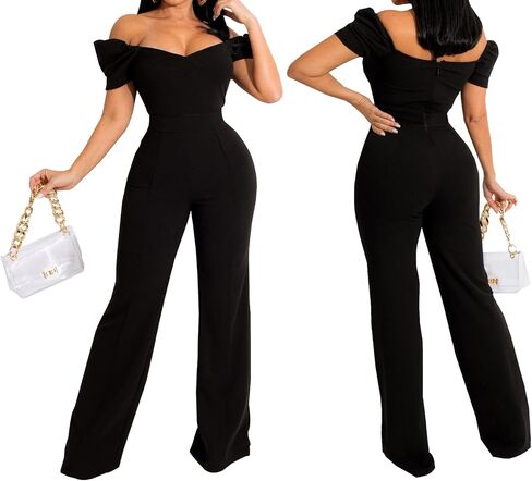 PaladMom Womens Elegant Plus Size Jumpsuits Sexy Back zipper Short Sleeve Mid Waist Wide Leg Straight Rompers in Saudi Arabia