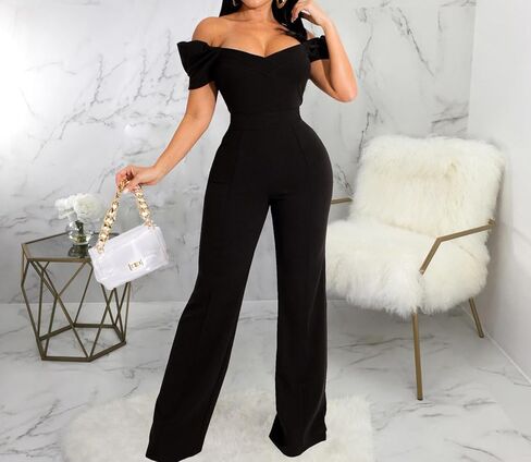 PaladMom Womens Elegant Plus Size Jumpsuits Sexy Back zipper Short Sleeve Mid Waist Wide Leg Straight Rompers in Saudi Arabia