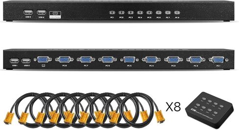 TENINYU USB 2.0 KVM Switch دليل محدد حامل حامل صندوق معدني محول مع كابلات VGA USB KVM للكمبيوتر والكمبيوتر المحمول وشاشة لوحة المفاتيح والماوس (8 منافذ KVM) in Kuwait