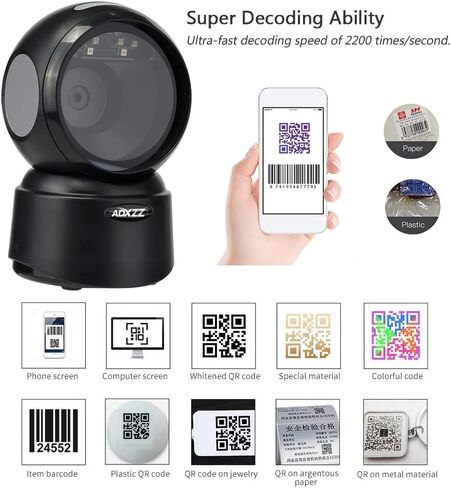 2D QR Hands-Free Barcode Scanner with USB Cable, ADXZZ Auto-Sensing Scanning Omnidirectional Wired QR Code Scanner,Capture 1D 2D QR Bar Codes on Screen and Paper for POS PC Retail Black in Saudi Arabia