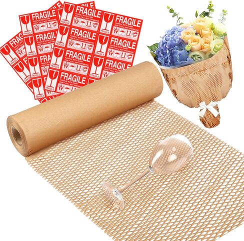 Honeycomb Packing Paper, 15''x131' Recylable Moving Supplies, Eco Friendly Kraft Paper Roll with 24 Fragile Sticker Labels, Honeycomb Wrap Roll for Moving/shipping/packing in Saudi Arabia