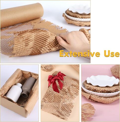 Honeycomb Packing Paper, 15''x131' Recylable Moving Supplies, Eco Friendly Kraft Paper Roll with 24 Fragile Sticker Labels, Honeycomb Wrap Roll for Moving/shipping/packing in Saudi Arabia
