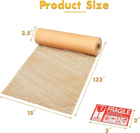 Honeycomb Packing Paper, 15''x131' Recylable Moving Supplies, Eco Friendly Kraft Paper Roll with 24 Fragile Sticker Labels, Honeycomb Wrap Roll for Moving/shipping/packing in Saudi Arabia