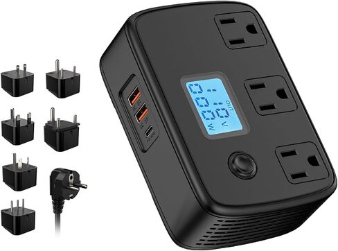 محول سفر عالمي 220 فولت إلى 110 فولت مع 3 منافذ تيار متردد + 2 QC3.0 + 1 PD30W + شاشة LCD، محول جهد 250 وات محول طاقة للسفر لمجموعة الاتحاد الأوروبي/المملكة المتحدة/الاتحاد الأفريقي/إيطاليا/آسيا/جنوب أفريقيا in Saudi Arabia