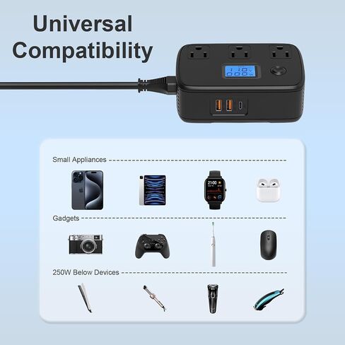 محول سفر عالمي 220 فولت إلى 110 فولت مع 3 منافذ تيار متردد + 2 QC3.0 + 1 PD30W + شاشة LCD، محول جهد 250 وات محول طاقة للسفر لمجموعة الاتحاد الأوروبي/المملكة المتحدة/الاتحاد الأفريقي/إيطاليا/آسيا/جنوب أفريقيا in Saudi Arabia