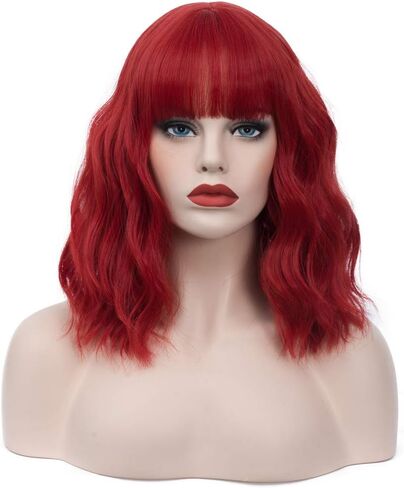 14" Short Bob Wavy Curly Bangs Wig Dark Blue Ombre Air Bangs Shoulder Length Women's Charming Synthetic Wig for Cosplay Party Anime Costume+Wig Cap (Dark Blue Ombre) in Saudi Arabia