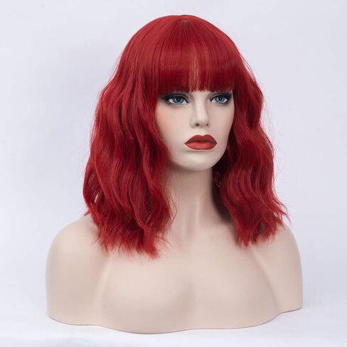 14" Short Bob Wavy Curly Bangs Wig Dark Blue Ombre Air Bangs Shoulder Length Women's Charming Synthetic Wig for Cosplay Party Anime Costume+Wig Cap (Dark Blue Ombre) in Saudi Arabia