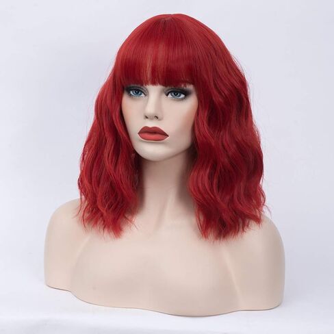 14" Short Bob Wavy Curly Bangs Wig Dark Blue Ombre Air Bangs Shoulder Length Women's Charming Synthetic Wig for Cosplay Party Anime Costume+Wig Cap (Dark Blue Ombre) in Saudi Arabia