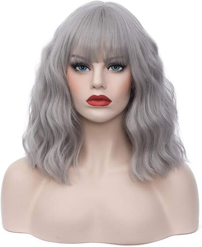 14" Short Bob Wavy Curly Bangs Wig Dark Blue Ombre Air Bangs Shoulder Length Women's Charming Synthetic Wig for Cosplay Party Anime Costume+Wig Cap (Dark Blue Ombre) in Saudi Arabia