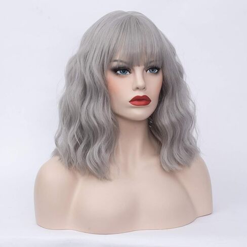 14" Short Bob Wavy Curly Bangs Wig Dark Blue Ombre Air Bangs Shoulder Length Women's Charming Synthetic Wig for Cosplay Party Anime Costume+Wig Cap (Dark Blue Ombre) in Saudi Arabia