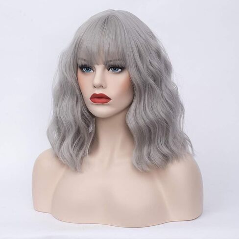 14" Short Bob Wavy Curly Bangs Wig Dark Blue Ombre Air Bangs Shoulder Length Women's Charming Synthetic Wig for Cosplay Party Anime Costume+Wig Cap (Dark Blue Ombre) in Saudi Arabia