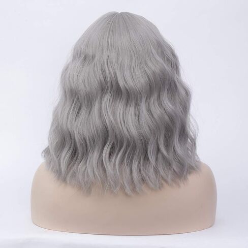 14" Short Bob Wavy Curly Bangs Wig Dark Blue Ombre Air Bangs Shoulder Length Women's Charming Synthetic Wig for Cosplay Party Anime Costume+Wig Cap (Dark Blue Ombre) in Saudi Arabia