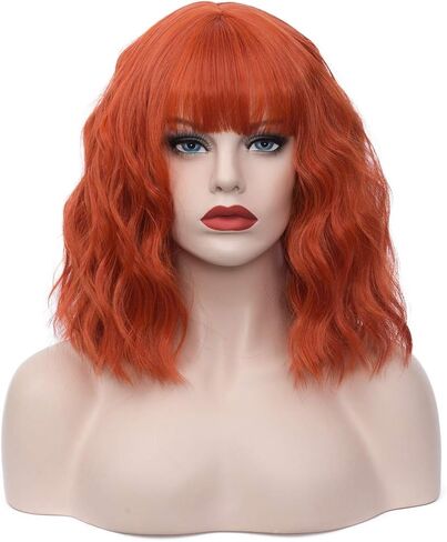 14" Short Bob Wavy Curly Bangs Wig Dark Blue Ombre Air Bangs Shoulder Length Women's Charming Synthetic Wig for Cosplay Party Anime Costume+Wig Cap (Dark Blue Ombre) in Saudi Arabia