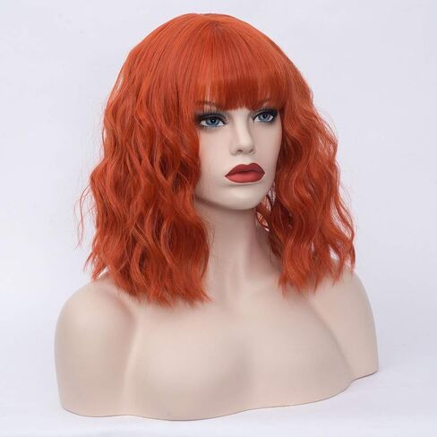 14" Short Bob Wavy Curly Bangs Wig Dark Blue Ombre Air Bangs Shoulder Length Women's Charming Synthetic Wig for Cosplay Party Anime Costume+Wig Cap (Dark Blue Ombre) in Saudi Arabia