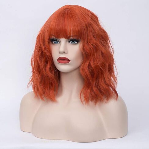14" Short Bob Wavy Curly Bangs Wig Dark Blue Ombre Air Bangs Shoulder Length Women's Charming Synthetic Wig for Cosplay Party Anime Costume+Wig Cap (Dark Blue Ombre) in Saudi Arabia
