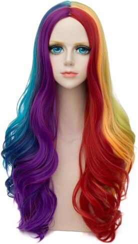 Alacos Rainbow Color Long Curly Braid Wig, 25 Inches Gothic Lolita Anime Cosplay Wig, Christmas Costume Wig for Women +Free Wig Cap (Turquoise Mix Purple Pink Green) in Saudi Arabia