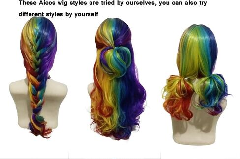 Alacos Rainbow Color Long Curly Braid Wig, 25 Inches Gothic Lolita Anime Cosplay Wig, Christmas Costume Wig for Women +Free Wig Cap (Turquoise Mix Purple Pink Green) in Saudi Arabia