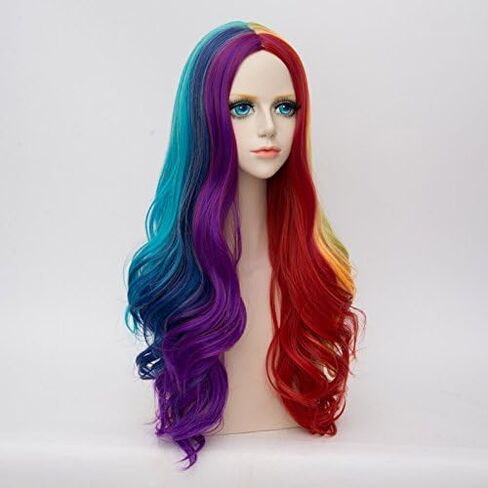 Alacos Rainbow Color Long Curly Braid Wig, 25 Inches Gothic Lolita Anime Cosplay Wig, Christmas Costume Wig for Women +Free Wig Cap (Turquoise Mix Purple Pink Green) in Saudi Arabia