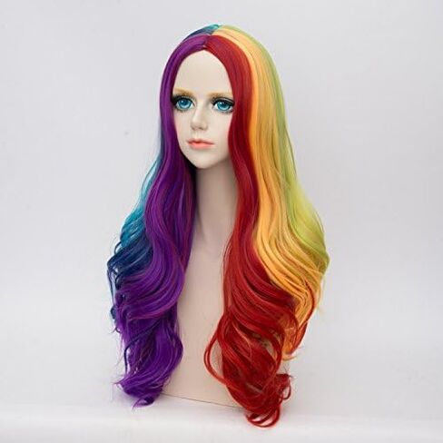 Alacos Rainbow Color Long Curly Braid Wig, 25 Inches Gothic Lolita Anime Cosplay Wig, Christmas Costume Wig for Women +Free Wig Cap (Turquoise Mix Purple Pink Green) in Saudi Arabia