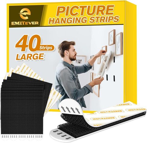 شرائط تعليق الصور من EMITEVER شديدة التحمل، شماعات صور معلقة خالية من التلف للجدران، مجموعة تعليق الصور، خطافات تعليق بدون أظافر، شرائط حائط لاصقة سوداء 20 زوجًا (40 شريطًا) in Kuwait