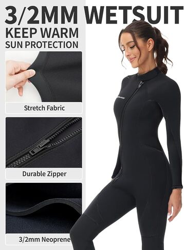 Owntop 3/2MM Full Wetsuit Womens Mens | Upgraded CR Neoprene | Front Zip | Ultra Stretch & Warm | Diving Kayaking Surfing Snorkeling - Water Sports in Saudi Arabia