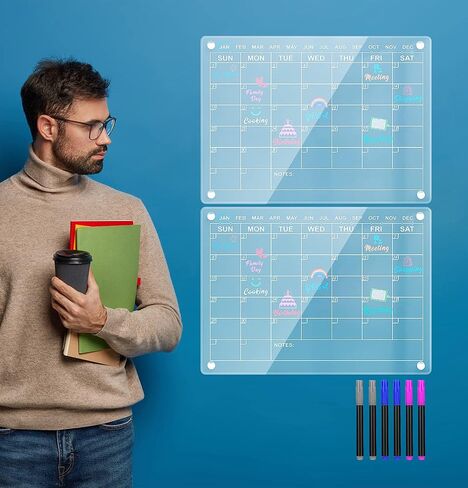 2 Pack Acrylic Magnetic Dry Erase Calendar for Fridge 16"x12"Inches, Clear Fridge Calendar 2023 with 8 Colored Markers 1 Eraser, Refrigerator Reusable Planner Board for Weekly Monthly Schedule in Kuwait