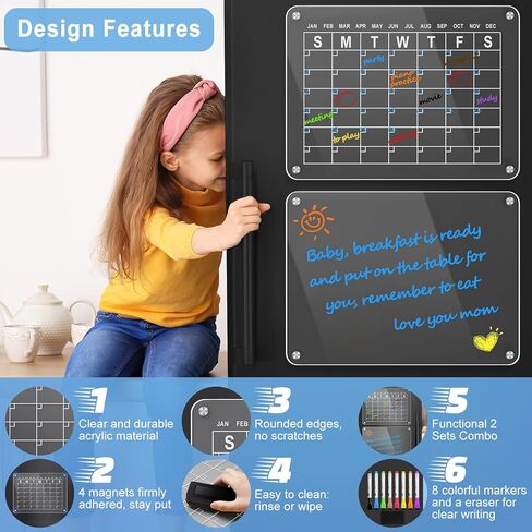 2 Pack Acrylic Magnetic Dry Erase Calendar for Fridge 16"x12"Inches, Clear Fridge Calendar 2023 with 8 Colored Markers 1 Eraser, Refrigerator Reusable Planner Board for Weekly Monthly Schedule in Kuwait