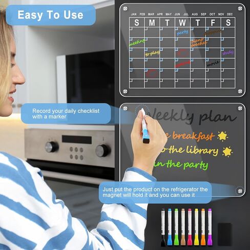 2 Pack Acrylic Magnetic Dry Erase Calendar for Fridge 16"x12"Inches, Clear Fridge Calendar 2023 with 8 Colored Markers 1 Eraser, Refrigerator Reusable Planner Board for Weekly Monthly Schedule in Kuwait