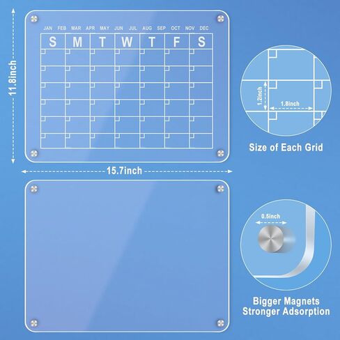 2 Pack Acrylic Magnetic Dry Erase Calendar for Fridge 16"x12"Inches, Clear Fridge Calendar 2023 with 8 Colored Markers 1 Eraser, Refrigerator Reusable Planner Board for Weekly Monthly Schedule in Kuwait