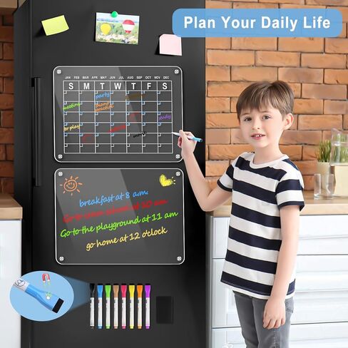 2 Pack Acrylic Magnetic Dry Erase Calendar for Fridge 16"x12"Inches, Clear Fridge Calendar 2023 with 8 Colored Markers 1 Eraser, Refrigerator Reusable Planner Board for Weekly Monthly Schedule in Kuwait