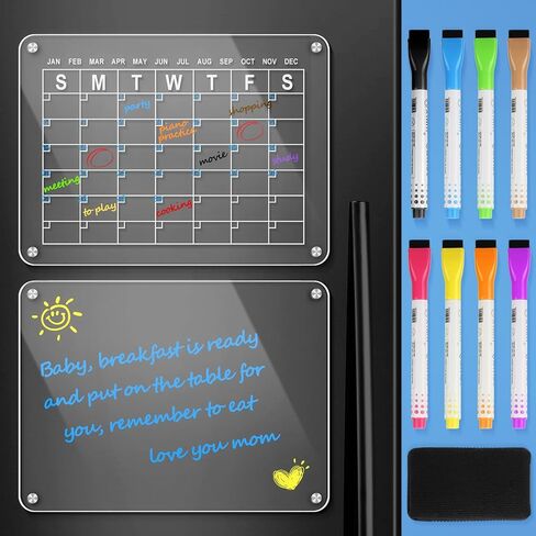 2 Pack Acrylic Magnetic Dry Erase Calendar for Fridge 16"x12"Inches, Clear Fridge Calendar 2023 with 8 Colored Markers 1 Eraser, Refrigerator Reusable Planner Board for Weekly Monthly Schedule in Kuwait