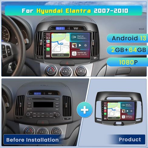 راديو ستيريو للسيارة Hi-Fi 2+64G Android 13 لسيارة Hyundai Elantra 2007-2010، شاشة لمس عالية الدقة 9 بوصات مع Apple CarPlay Android Auto اللاسلكي، كاميرا احتياطية AHD، وصلة مرآة، GPS، WiFi in Kuwait