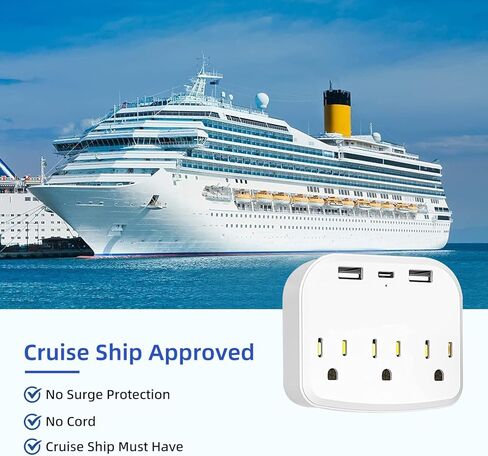 Ievuneuio Cruise Strip Power No Surge Protector مع USB، موسع منافذ التوصيل المتعدد 3 منافذ و 3 منافذ USB (1 USB C)، موزع منافذ الحائط من Cruise Essentials للرحلات البحرية والسفر والمكتب المنزلي in Kuwait
