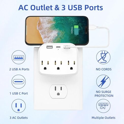 Ievuneuio Cruise Strip Power No Surge Protector مع USB، موسع منافذ التوصيل المتعدد 3 منافذ و 3 منافذ USB (1 USB C)، موزع منافذ الحائط من Cruise Essentials للرحلات البحرية والسفر والمكتب المنزلي in Kuwait