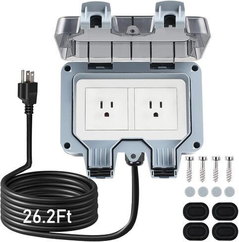 Outdoor Power Outlet with 16.4Ft Extension Cord, Double Plug Outlet Extender, Weatherproof Waterproof IP66 Outdoor Electrical Outlet Box, Exterior Wall Power Socket with Cover for Garden Outsid in Saudi Arabia