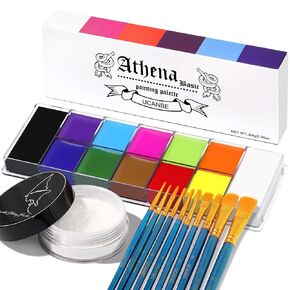 UCANBE Athena Basic Face Body Paint Kit - 12 Colors Oil Painting Palette + Translucent Setting Powder + 10 Brushes, SFX Facepaint Pallet Set for Halloween Cosplay Party Stage Theater Costume Makeup in Kuwait