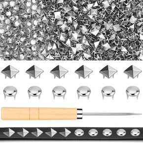 Jollidecor 1250 PCS Metal Studs for Clothing, 10mm Square Pyramid Studs and Round Dome Studs for Craft, Leather Rivet Kit with Awl Silver Spikes for Clothes, Jacket, Belt, Dog Collar in Kuwait