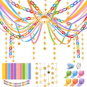 Xzentira 600 Sheet Paper Chain Garland Strips 1x8 Inch and Mirror Star Garland 13 with Double Sided Tape, DIY Construction Paper Chains for Birthday Wedding Holiday Party Decorations, Crafts Supplies in Kuwait