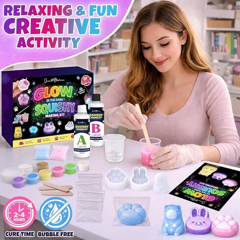 Jim&Gloria Glow in the Dark DIY Squishy Making Kit - Make Your Own Squishies All-in-One Squishy Maker Craft Kit with 1:1 Liquid Silicone, 3 Cute Animal Molds Mini Paw, Bunny, Capybara Chirstmas Gifts in Saudi Arabia